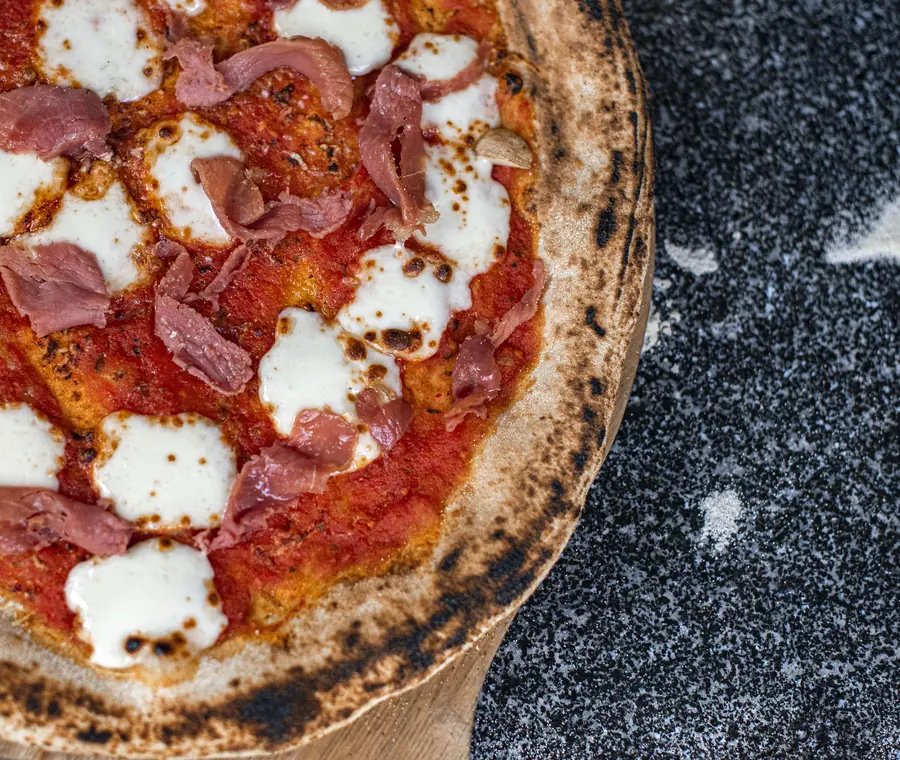 Jamon pizza fresh from the wood oven